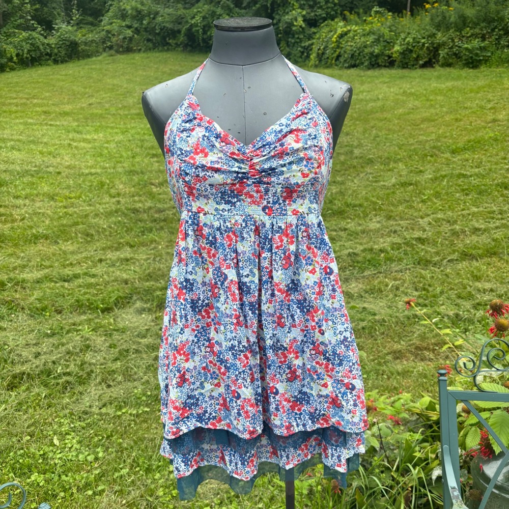 Women's Large Y2K HOLLISTER Floral Smocked Ruffle Halter Neck Babydoll Top Mini